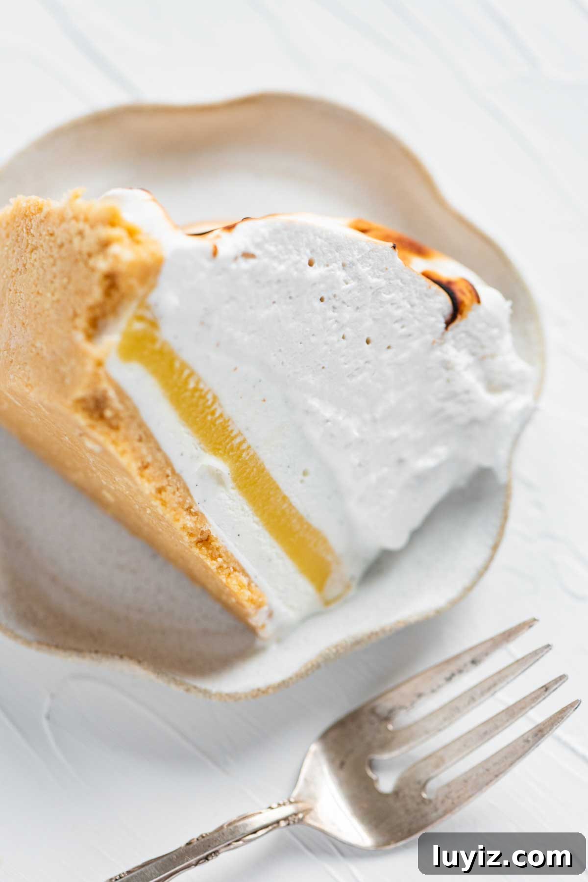 Lemon Meringue Ice Cream Pie Recipe — No-Bake Citrus Dessert 4 Slice of lemon meringue ice cream pie on its side from BeyondtheButter.com | © Beyond the Butter®