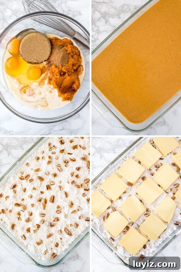 Irresistible Pumpkin Dump Cake Recipe for Fall Baking 3 4 step by step photos showing how to make pumpkin dump cake.