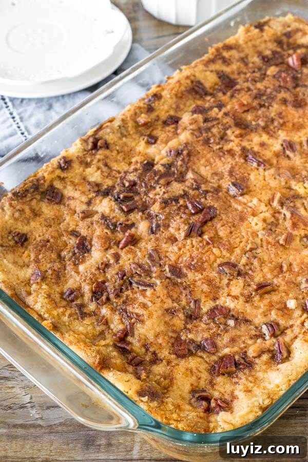 Irresistible Pumpkin Dump Cake Recipe for Fall Baking 4 Pumpkin bundt cake after it comes out of the oven to show the golden yellow cake mix and pecan topping.