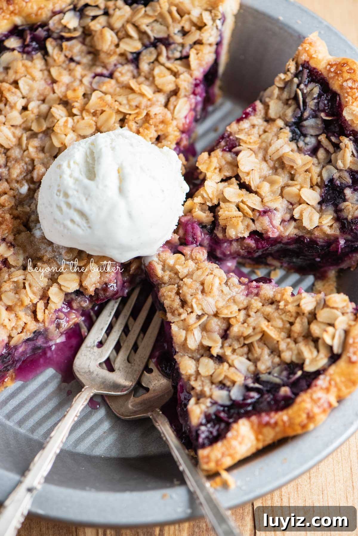Blueberry Crumble Pie Recipe with Crunchy Oat Topping 2 Slices of blueberry crumble pie in pie plate with scoop of ice cream in the center | © Beyond the Butter®