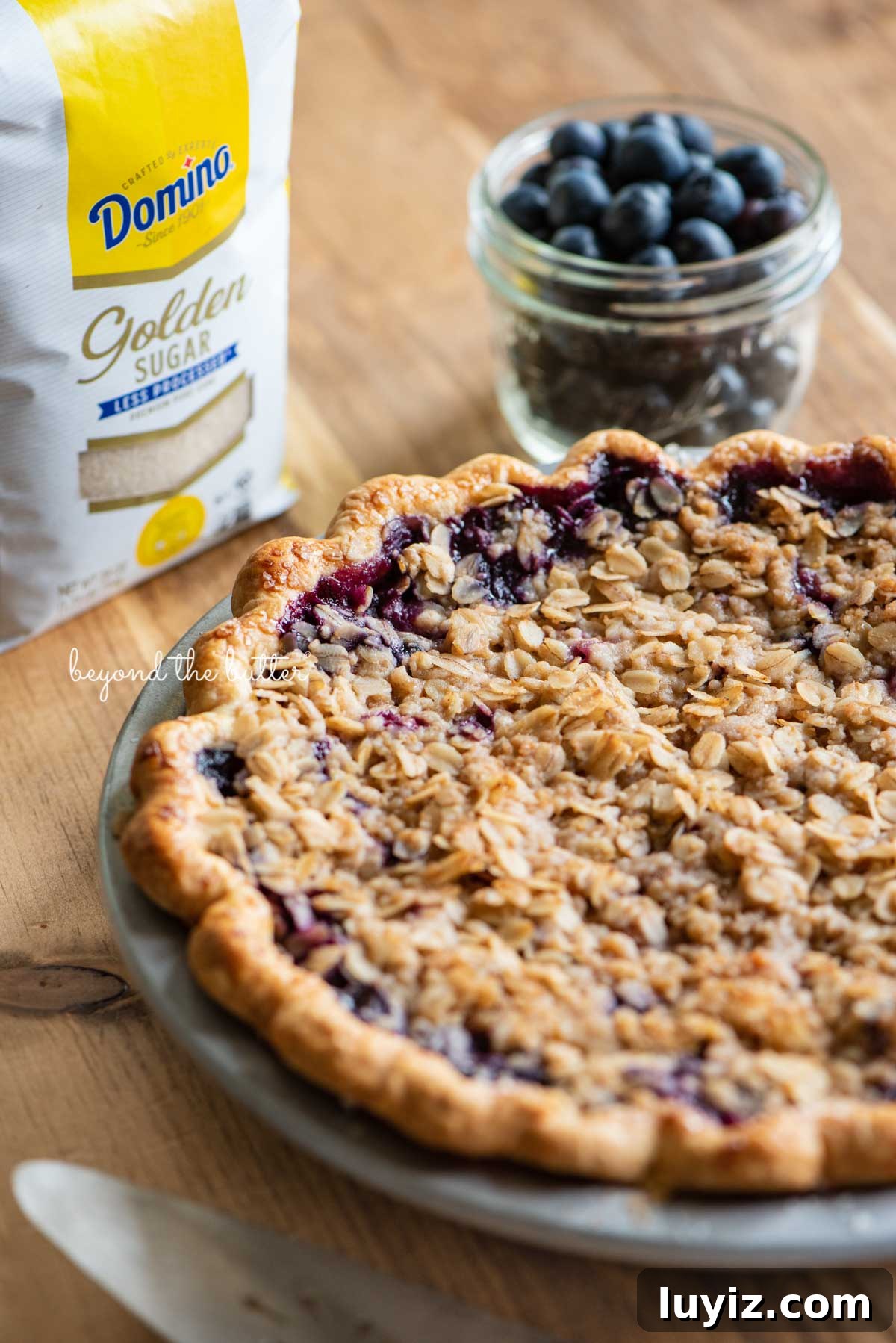 Blueberry Crumble Pie Recipe with Crunchy Oat Topping 3 Just baked blueberry crumble pie made with golden sugar