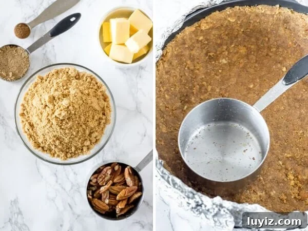 Decadent Pecan Pie Cheesecake Recipe: Rich Southern Dessert 3 Ingredients and process for making pecan pie cheesecake crust.