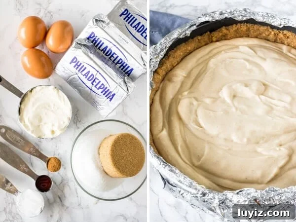 Decadent Pecan Pie Cheesecake Recipe: Rich Southern Dessert 4 Ingredients for making pecan pie cheesecake filling, and filling after being poured into the crust.