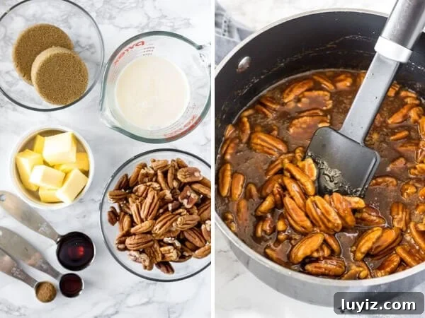 Decadent Pecan Pie Cheesecake Recipe: Rich Southern Dessert 5 Ingredients for pecan pie topping, and the pecan pie topping after being made