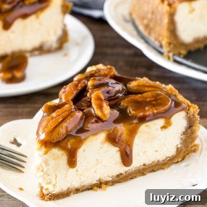 Decadent Pecan Pie Cheesecake Recipe: Rich Southern Dessert 8 Slice of pecan pie cheesecake with gooey topping.