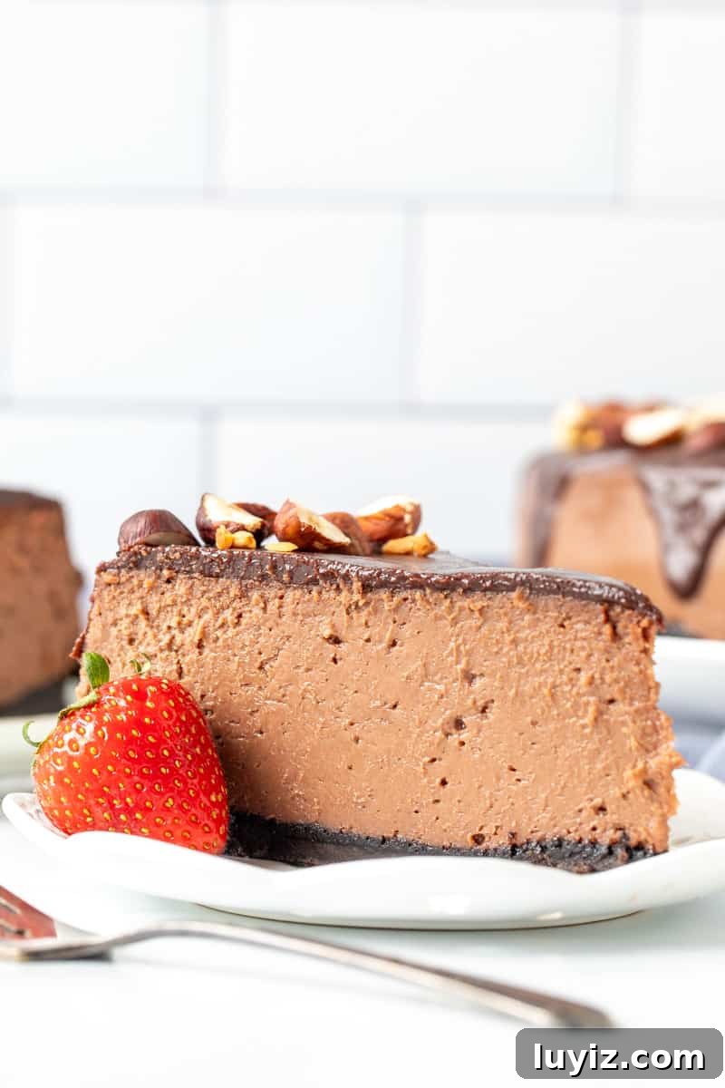 Decadent Nutella Cheesecake with Oreo Cookie Crust 2 Slice of Nutella cheesecake with Nutella ganache on top and hazelnuts