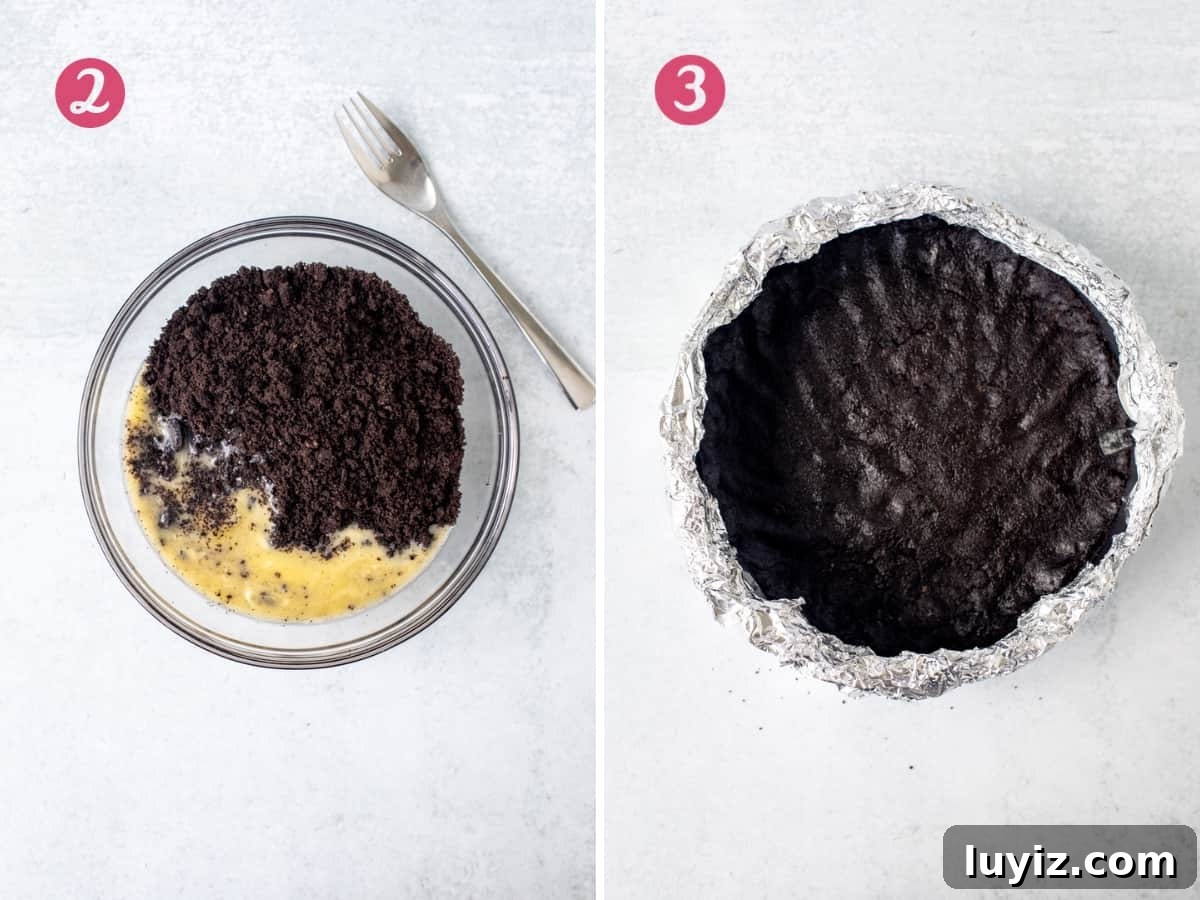 Decadent Nutella Cheesecake with Oreo Cookie Crust 4 Crushed Oreo cookies and melted butter in a bowl, and Oreo crust pressed into a springform pan.