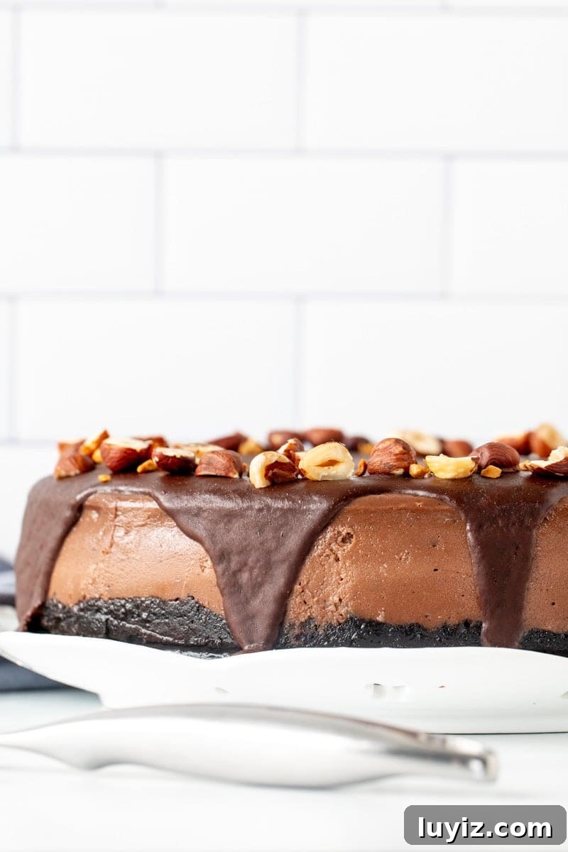 Decadent Nutella Cheesecake with Oreo Cookie Crust 8 9-inch round Nutella cheesecake with Nutella chocolate topping and hazelnuts on top