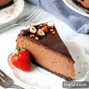Decadent Nutella Cheesecake with Oreo Cookie Crust 10 Piece of Nutella cheesecake with an Oreo crust on a plate