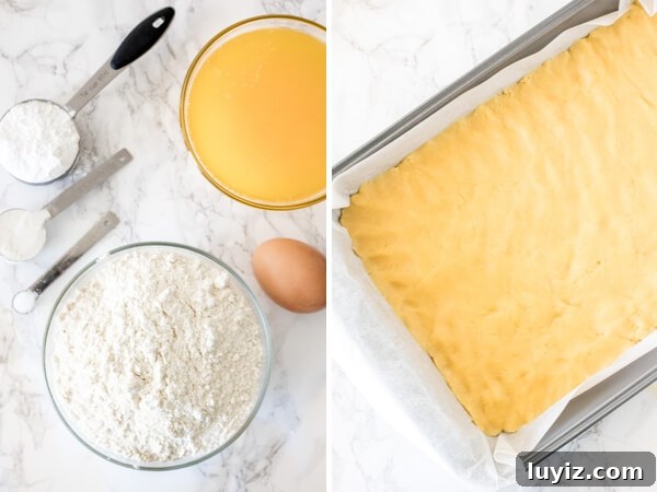 Creamy Pumpkin Pie Bars Recipe — Simple Fall Dessert 3 Ingredients for making the shortbread base, and the base before it goes in the oven for making pumpkin pie bars.