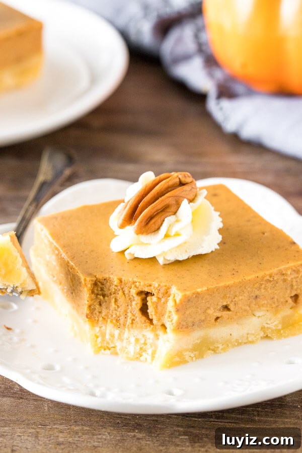 Creamy Pumpkin Pie Bars Recipe — Simple Fall Dessert 5 A slice of pumpkin pie bars with a bite taken out to show the creamy texture.