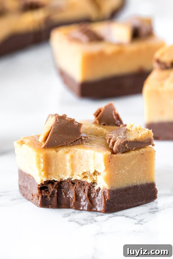 Chocolate Peanut Butter Fudge (Buckeye Fudge) Recipe 4 A piece of layered peanut butter chocolate fudge with a bite taken out of it.
