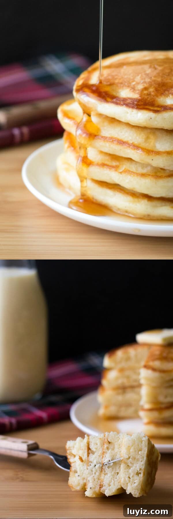 Festive Eggnog Pancakes with Warm Spices and Maple Syrup 3 These thick, fluffy Eggnog Pancakes are perfect for holiday breakfasts. Don't wait til Christmas for these delicious pancakes! www.justsotasty.com