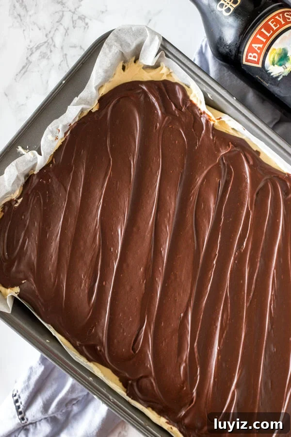 Decadent Baileys Irish Cream Chocolate Brownies 3 A 9x13 inch pan of Baileys Brownies with chocolate ganache on top photographed from above.