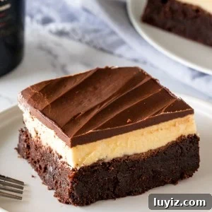 Decadent Baileys Irish Cream Chocolate Brownies 5 A layered baileys brownie with brownie on the bottom, Baileys frosting in the middle and chocolate ganache on top on a white plate.