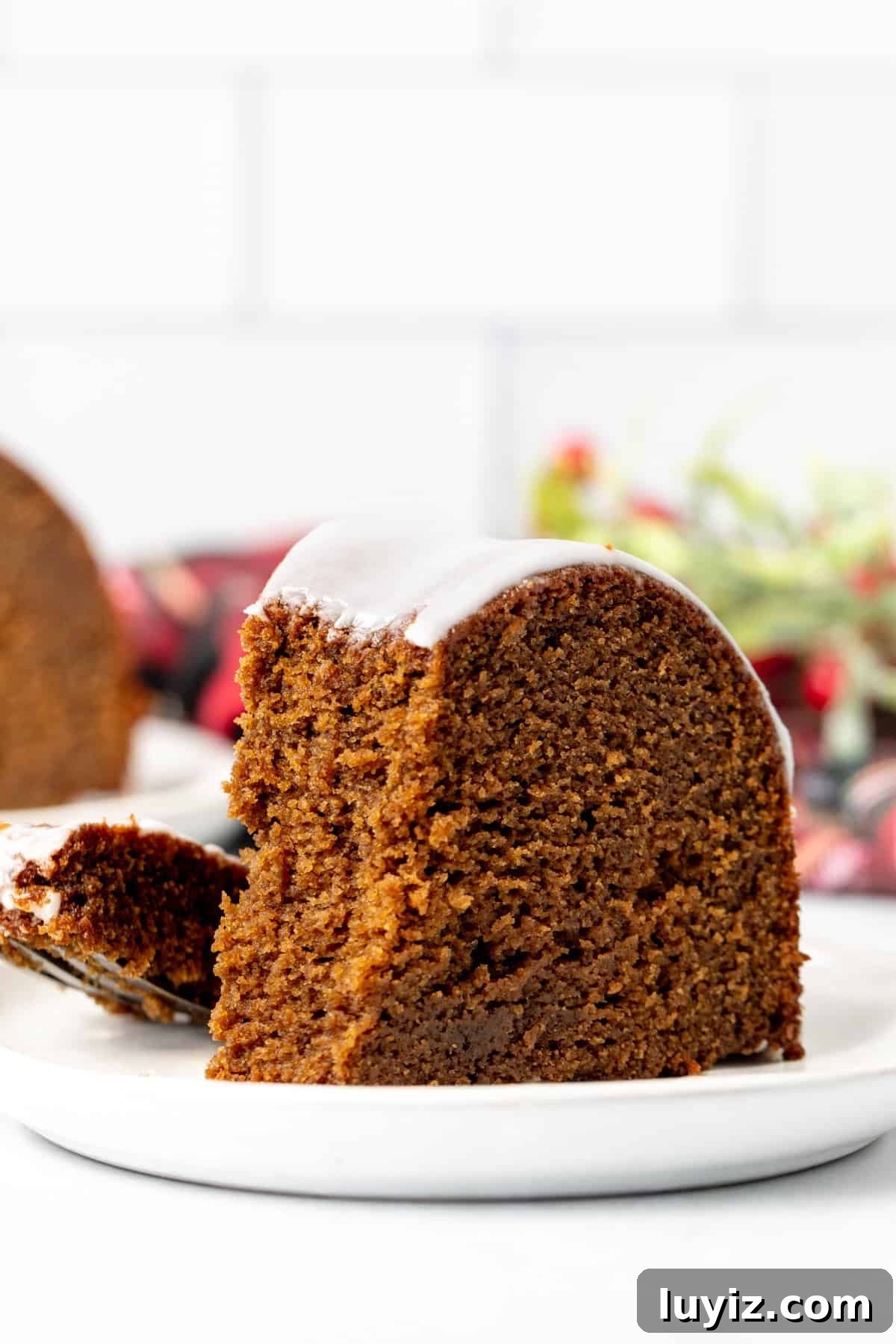 Gingerbread Bundt Cake Recipe — Moist Spiced Holiday Cake 10 Slice of gingerbread bundt cake with lemon glaze, with a bite taken out