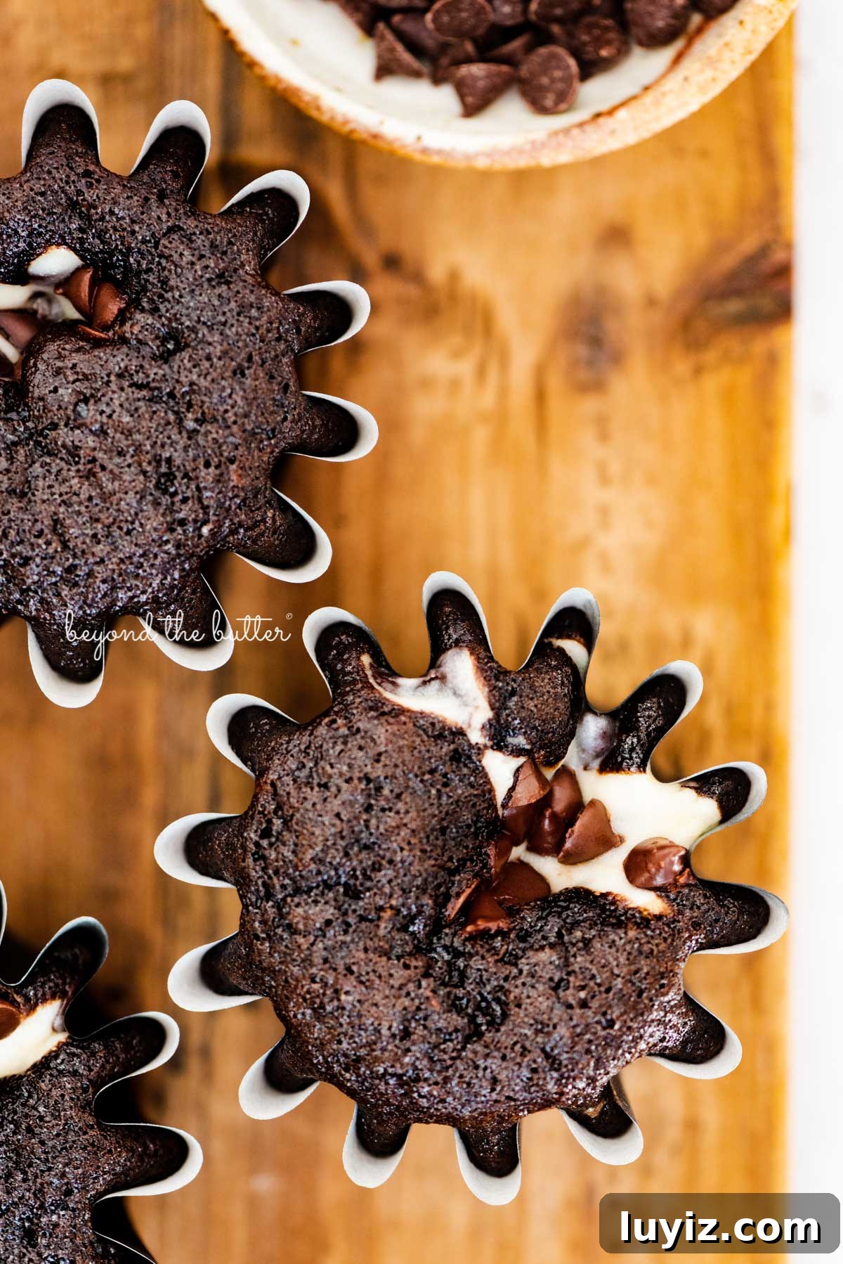 Mini Black-Bottom Chocolate Cupcakes (Small Batch Recipe) 5 Small batch black bottom cupcakes on a wood cutting board