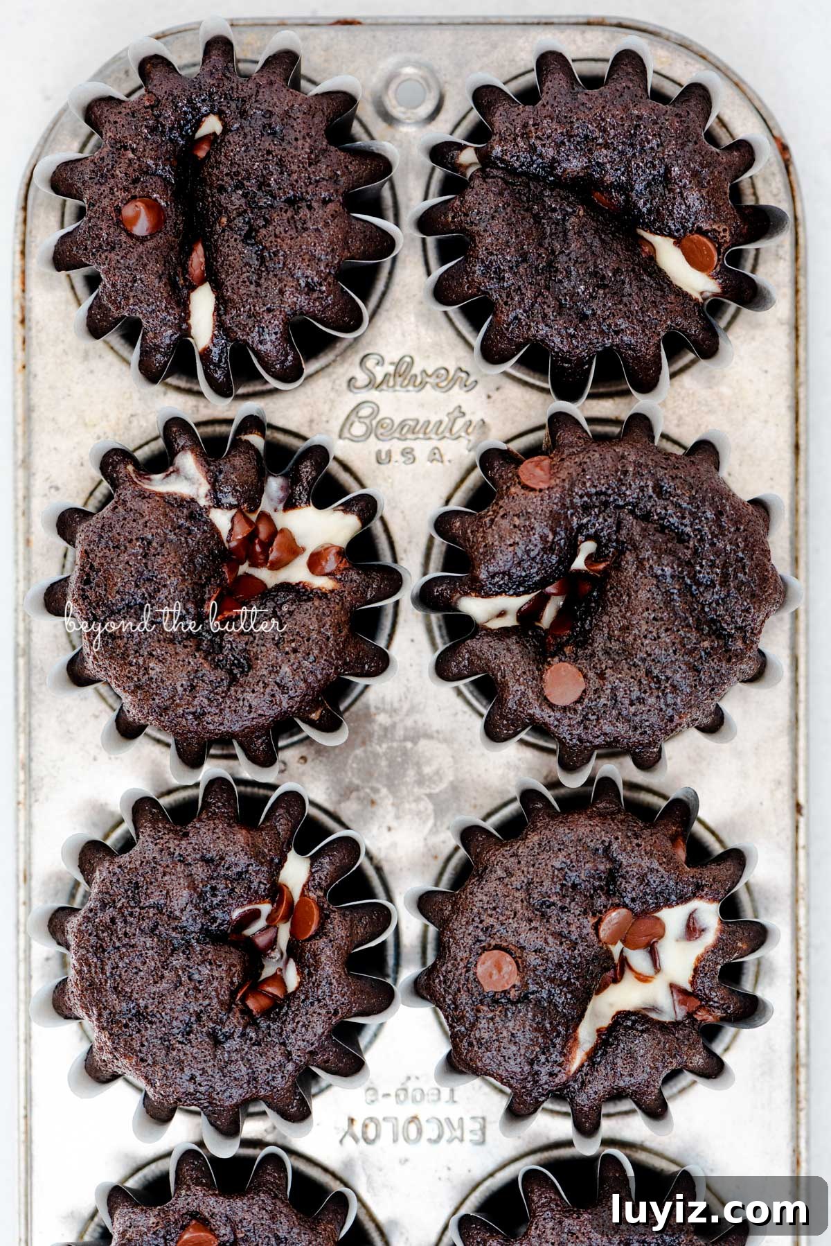 Mini Black-Bottom Chocolate Cupcakes (Small Batch Recipe) 6 Small batch black bottom cupcakes in a vintage baking tin