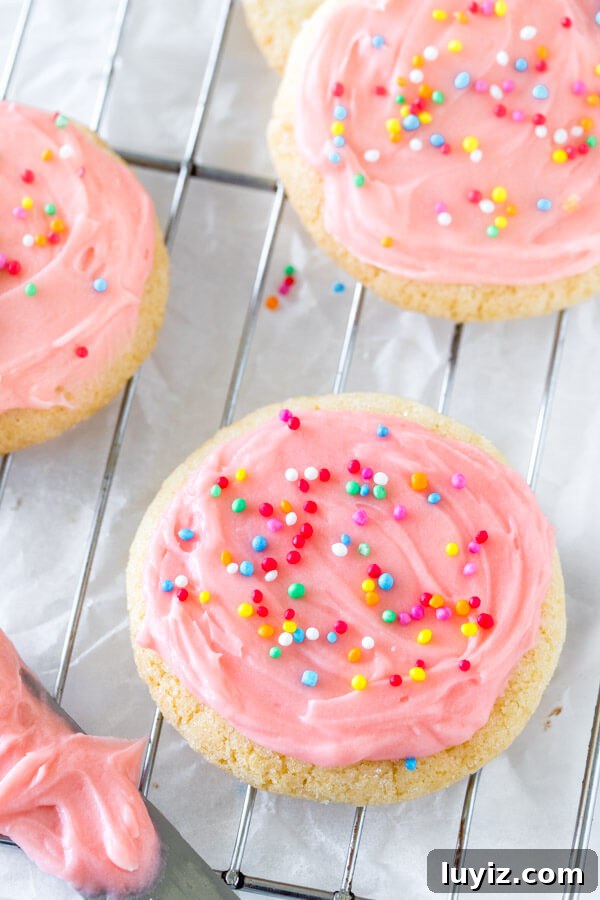 A round sugar cookie with pink frosting and sprinkles