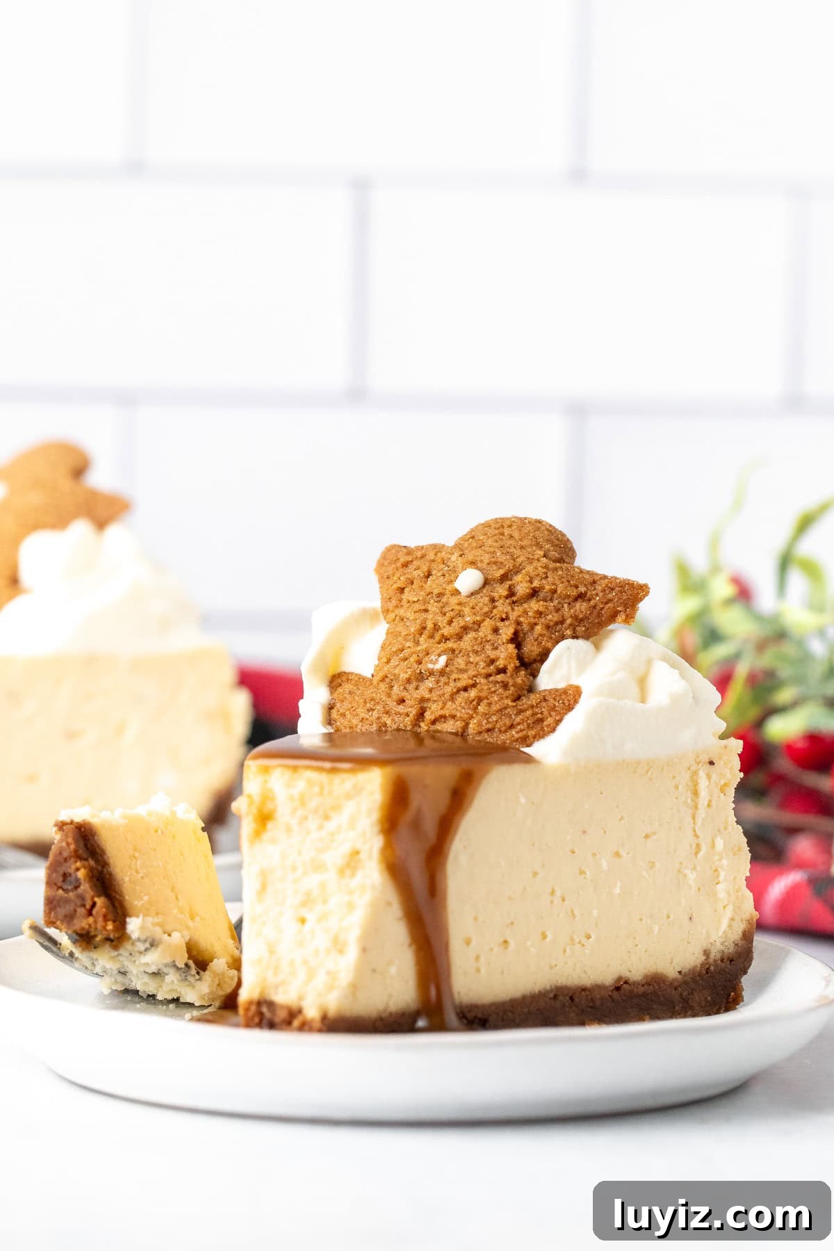 Creamy Eggnog Cheesecake Recipe for Festive Holidays 9 Piece of eggnog cheesecake with bite taken out