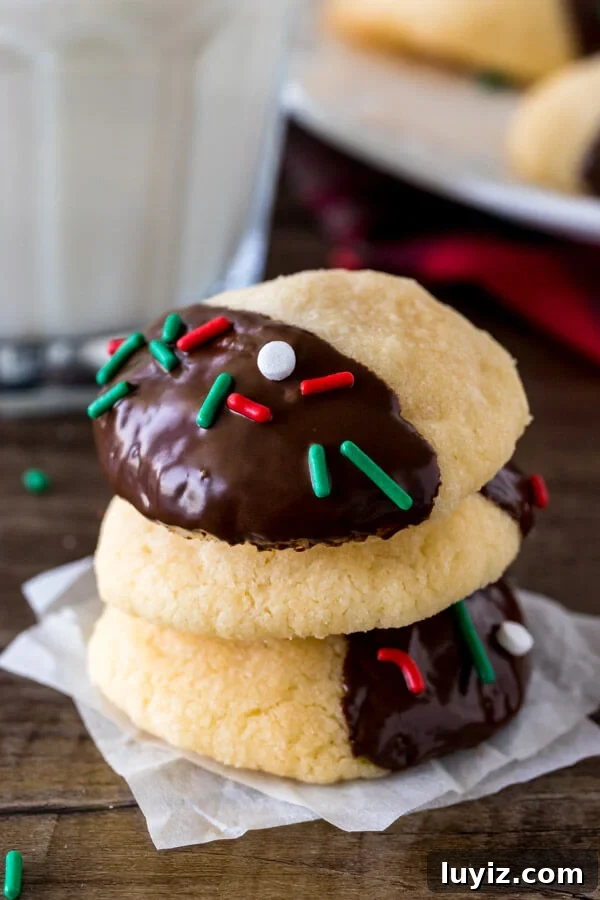 Chocolate-Dipped Shortbread Cookies Recipe for Perfect Treats 2 A stack of 3 chocolate dipped shortbread cookies with a glass of milk