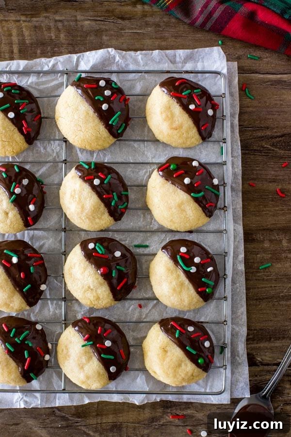 Chocolate-Dipped Shortbread Cookies Recipe for Perfect Treats 4 A wire cooling rack of shortbread cookie balls with each cookie dipped half in chocolate.