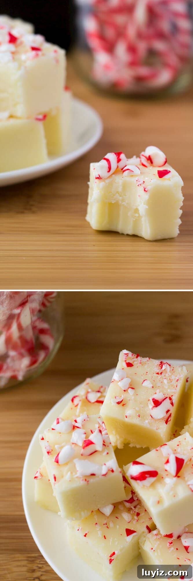 Creamy White Chocolate Peppermint Fudge. So delicious & perfect for the holidays - it makes a decadent, delicious gift! www.justsotasty.com