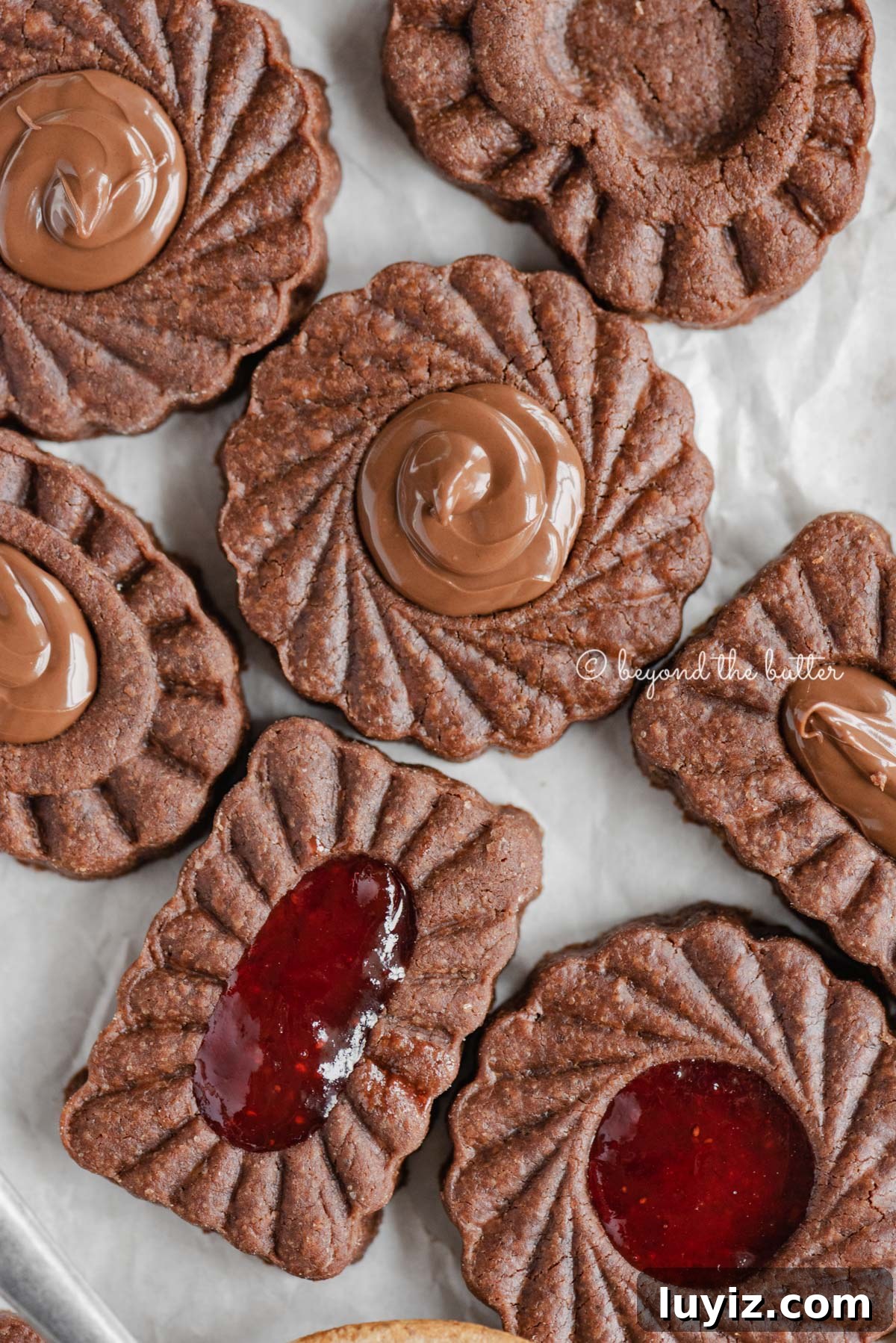 Chocolate Thumbprint Cookies with Raspberry Jam Filling 4 Closeup image of chocolate thumbprint cookies | All Images © Beyond the Butter®