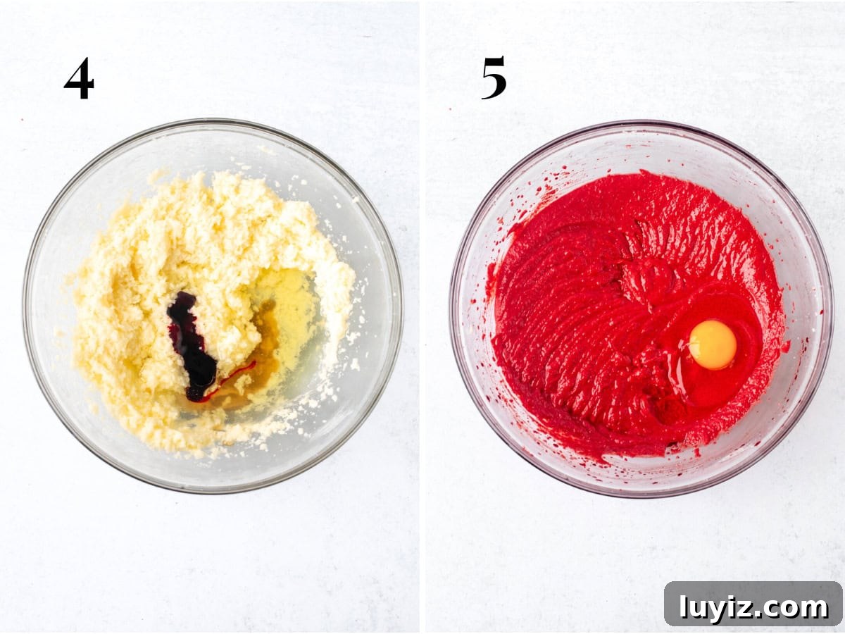 Moist Red Velvet Bundt Cake Recipe with Cream Cheese Glaze 5 Mixing oil, food coloring, vanilla and vinegar into butter mixture, and red velvet cake batter with 1 egg added to bowl.