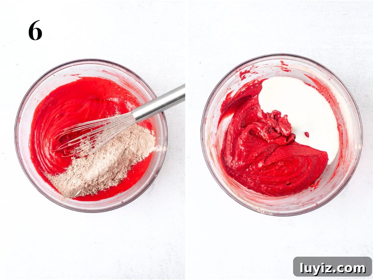 Moist Red Velvet Bundt Cake Recipe with Cream Cheese Glaze 6 Adding dry ingredients and buttermilk into bowl of red velvet cake batter.