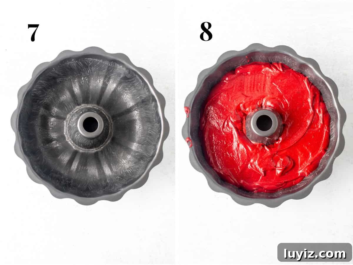 Moist Red Velvet Bundt Cake Recipe with Cream Cheese Glaze 7 Bundt pan greased with pan release and bundt pan with unbaked red velvet cake