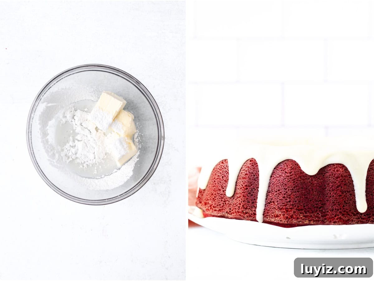 Moist Red Velvet Bundt Cake Recipe with Cream Cheese Glaze 9 Bowl with ingredients for cream cheese glaze and cream cheese glaze poured over the red velvet bundt cake