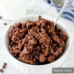 A bowl of edible double chocolate cookie dough with a spoon in it.