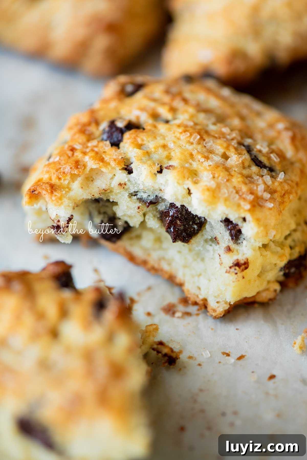 Crispy Chocolate Chip Scones with Vanilla Glaze 13 Halved chocolate chip scone on parchment paper lined baking sheet.