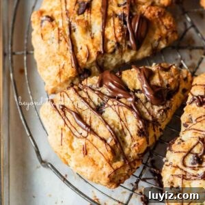 Crispy Chocolate Chip Scones with Vanilla Glaze 18 Chocolate chip scones drizzled with melted chocolate on a round wire cooling rack with a small bowl of melted chocolate placed close by.
