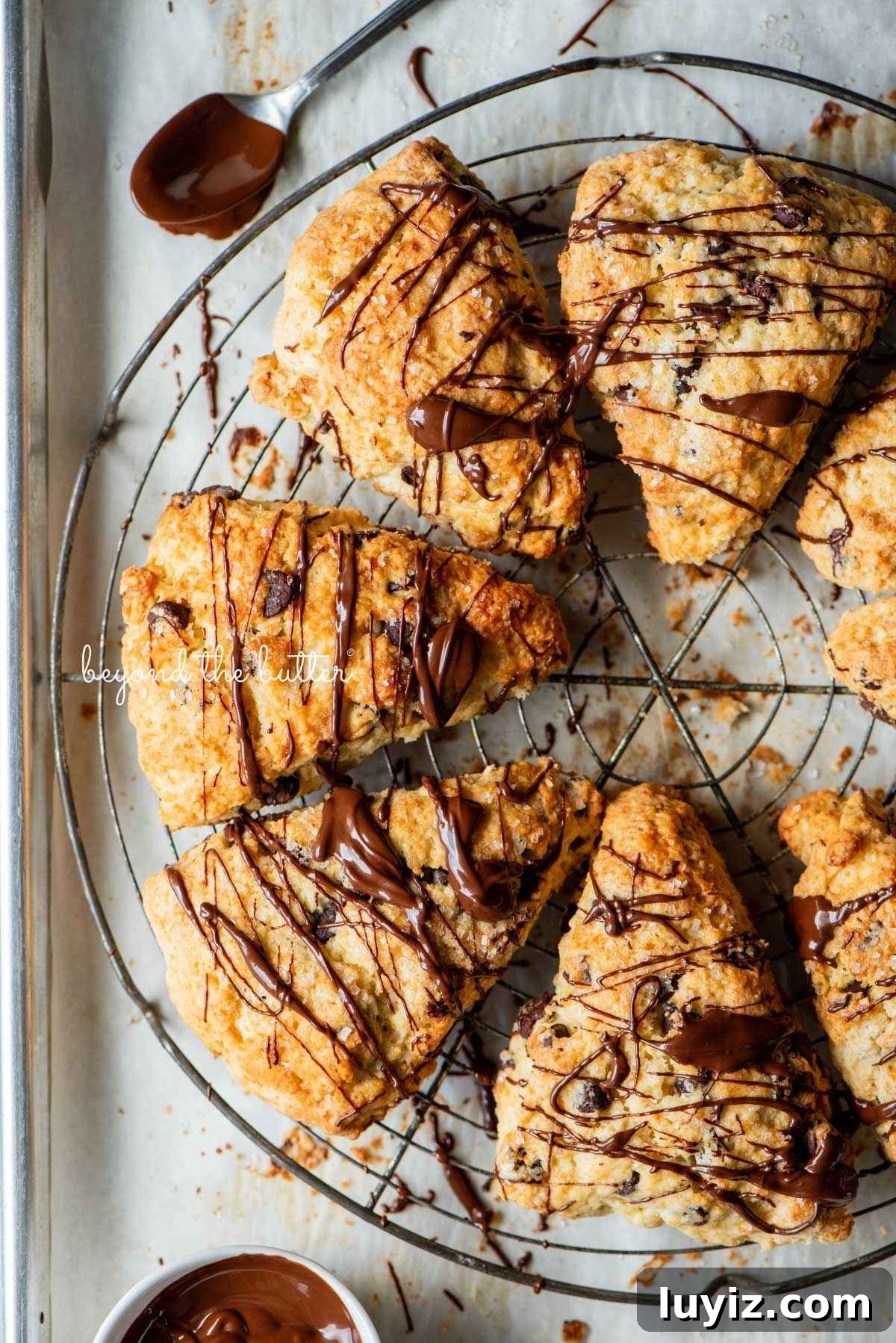 Crispy Chocolate Chip Scones with Vanilla Glaze 3 Chocolate chip scones drizzled with melted chocolate on a round wire cooling rack with a small bowl of melted chocolate and spoon placed close by.