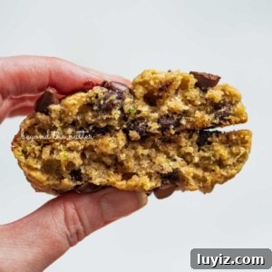 Moist Zucchini Chocolate Chip Oatmeal Cookies Recipe 14 Hand holding the inside shot of a zucchini chocolate chip oatmeal cookie.