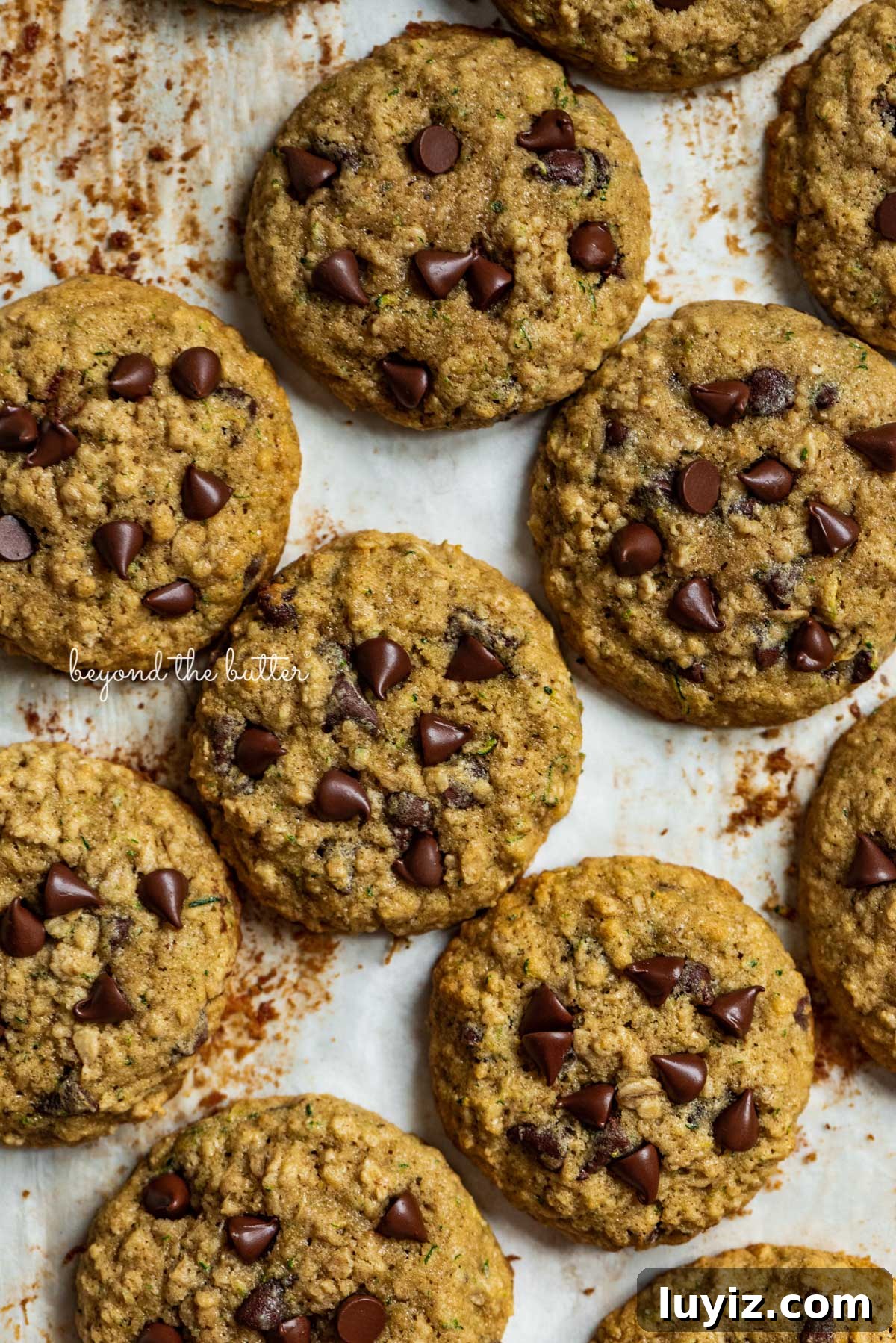 Moist Zucchini Chocolate Chip Oatmeal Cookies Recipe 6 Zucchini chocolate chip oatmeal cookies on a parchment paper lined baking sheet