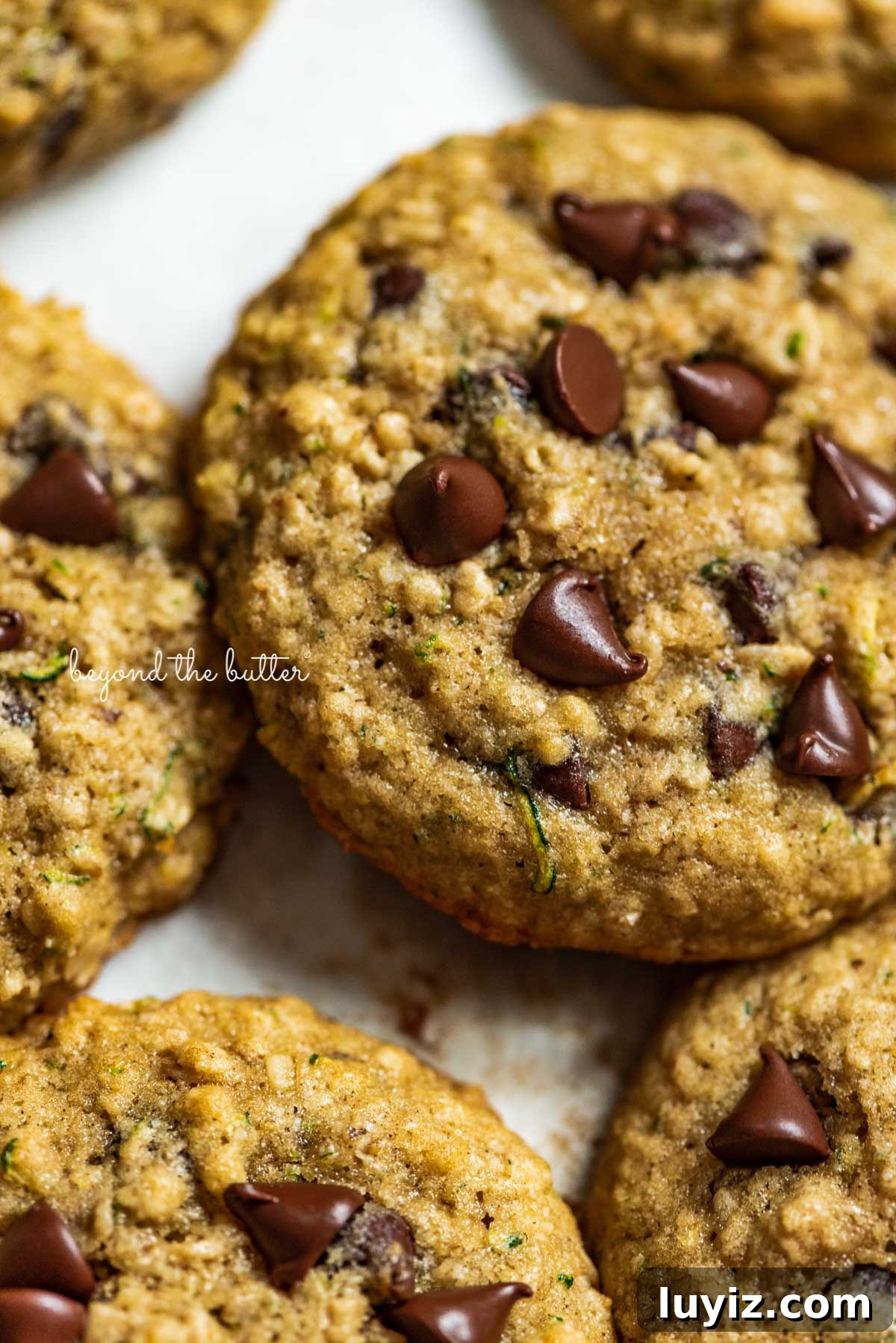 Moist Zucchini Chocolate Chip Oatmeal Cookies Recipe 9 Zucchini chocolate chip oatmeal cookies on a parchment paper lined baking sheet