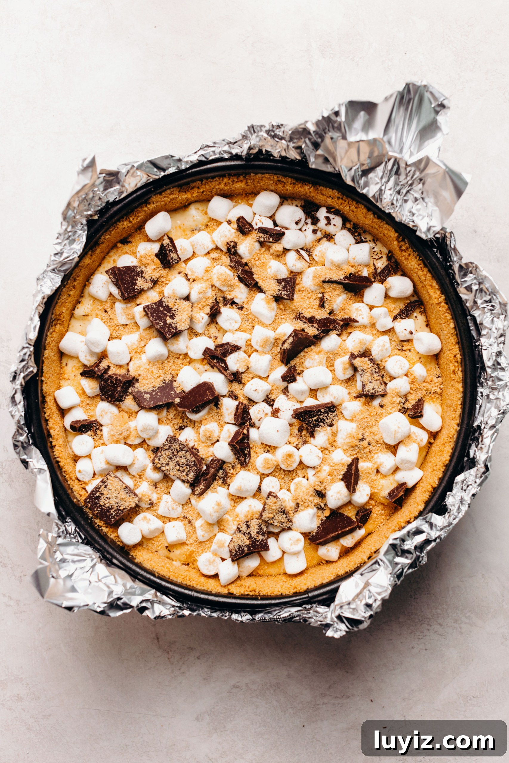 S’mores Cheesecake Recipe: Gooey Chocolate, Graham & Toasted Marshmallow 13 Unbaked s'mores cheesecake topped with mini marshmallows, chopped dark chocolate, and graham cracker crumbs in an aluminum foil wrapped springform pan on a white textured background.