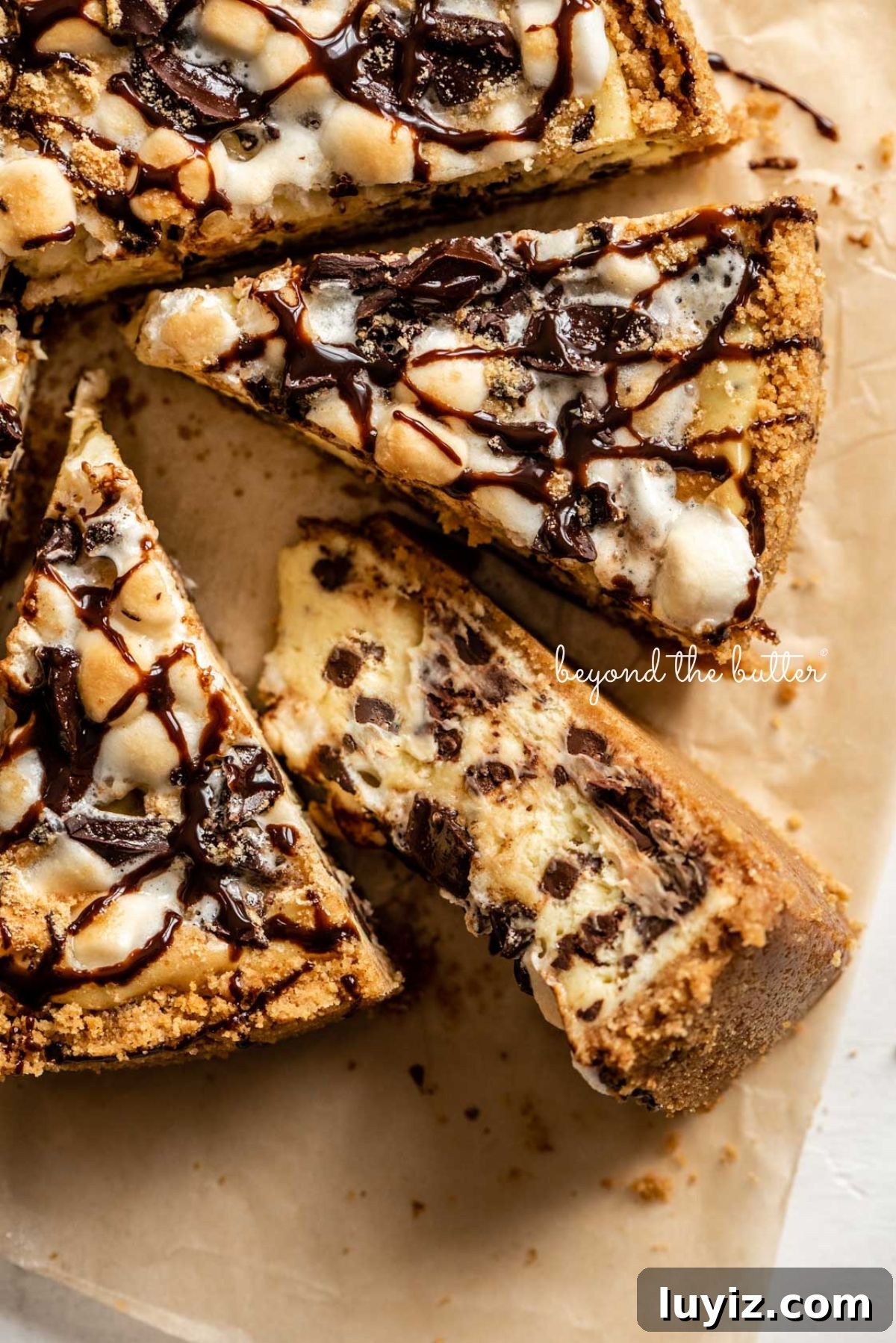 S’mores Cheesecake Recipe: Gooey Chocolate, Graham & Toasted Marshmallow 16 S'mores cheesecake on brown parchment paper with a slice of cheesecake on its side.