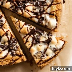 S’mores Cheesecake Recipe: Gooey Chocolate, Graham & Toasted Marshmallow 17 S'mores cheesecake drizzled with chocolate placed on natural parchment paper with a slice of cheesecake partially removed.