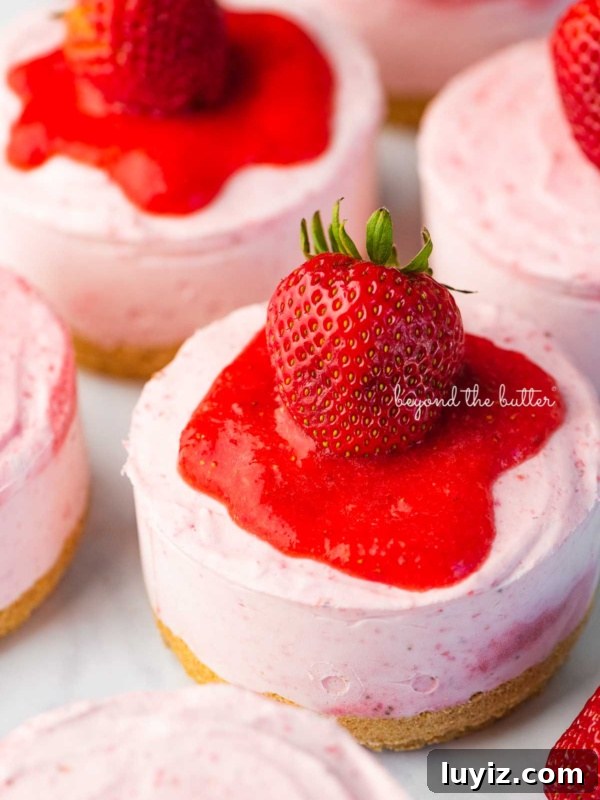 S’mores Cheesecake Recipe: Gooey Chocolate, Graham & Toasted Marshmallow 20 Individual no-bake strawberry cheesecakes topped with strawberry glaze and a fresh strawberry on a parchment paper-lined baking sheet.