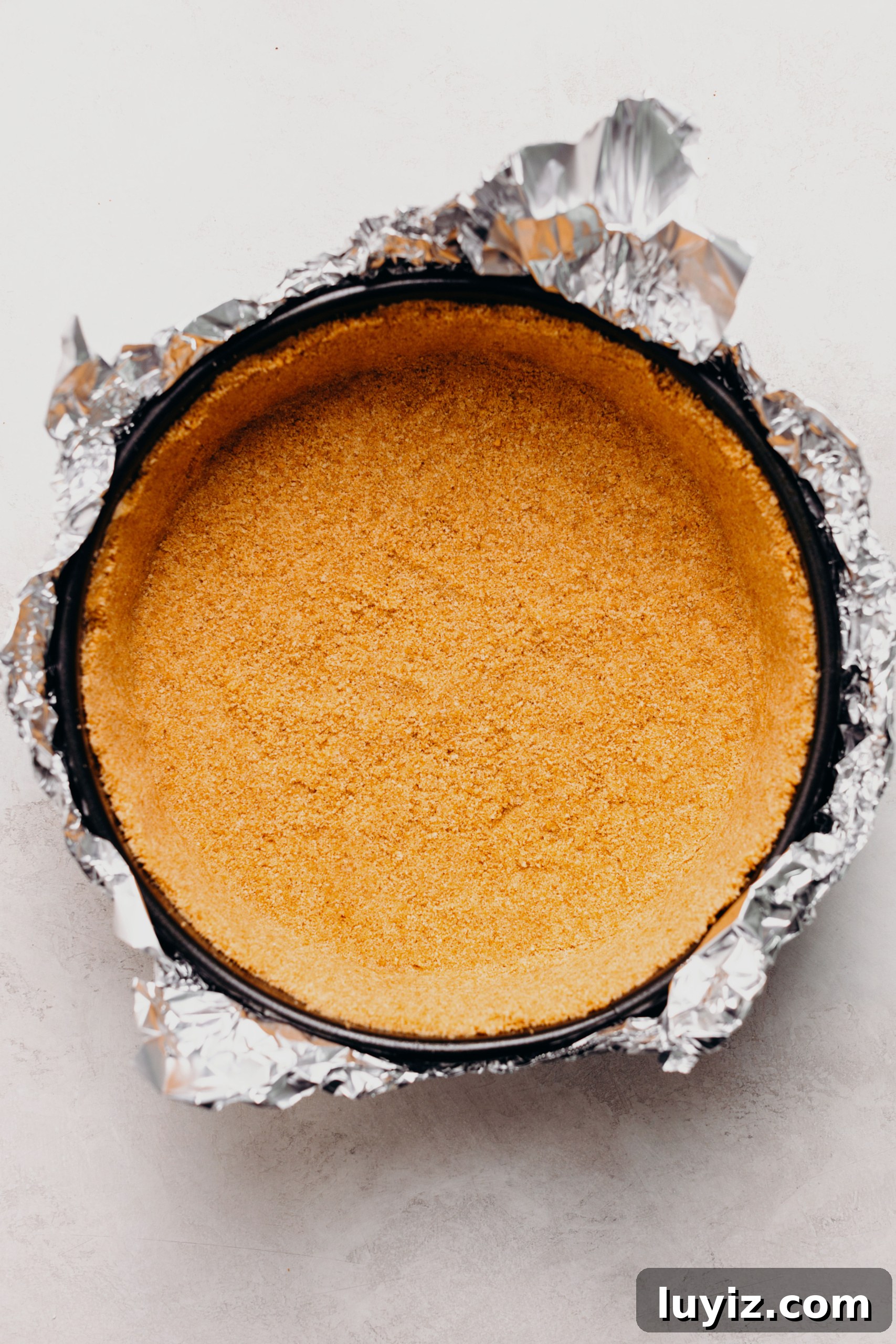 S’mores Cheesecake Recipe: Gooey Chocolate, Graham & Toasted Marshmallow 9 Baked graham cracker crust in a aluminum foil wrapped springform pan on a textured white background.
