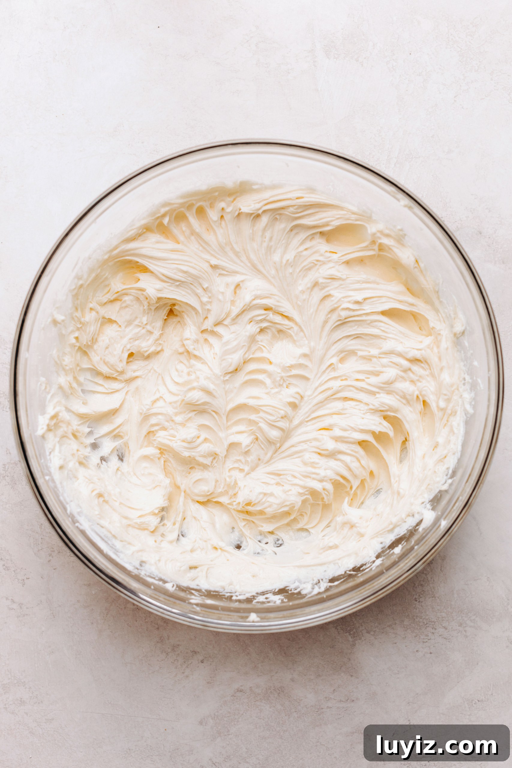 S’mores Cheesecake Recipe: Gooey Chocolate, Graham & Toasted Marshmallow 10 Cream cheese, granulated sugar, and vanilla extract blended together in a large glass mixing bowl on a textured white background.