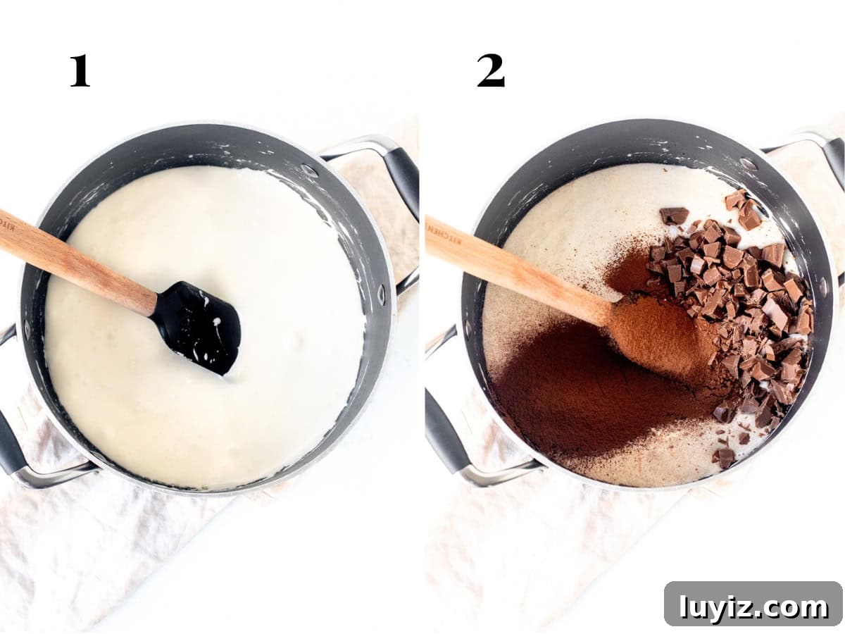 Decadent Chocolate Rice Krispie Treats Recipe 3 Melted marshmallows and chocolate in a saucepan