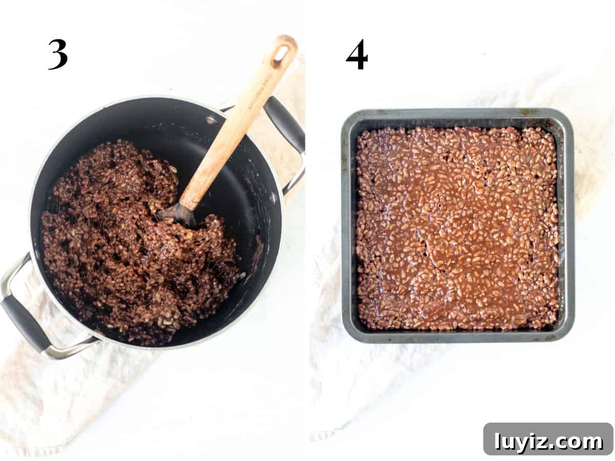 Decadent Chocolate Rice Krispie Treats Recipe 4 Chocolate Rice Krispie treat mixture in a pan