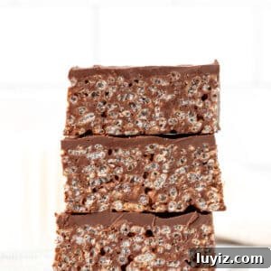 Decadent Chocolate Rice Krispie Treats Recipe 7 Three chocolate Rice Krispie treats, stacked