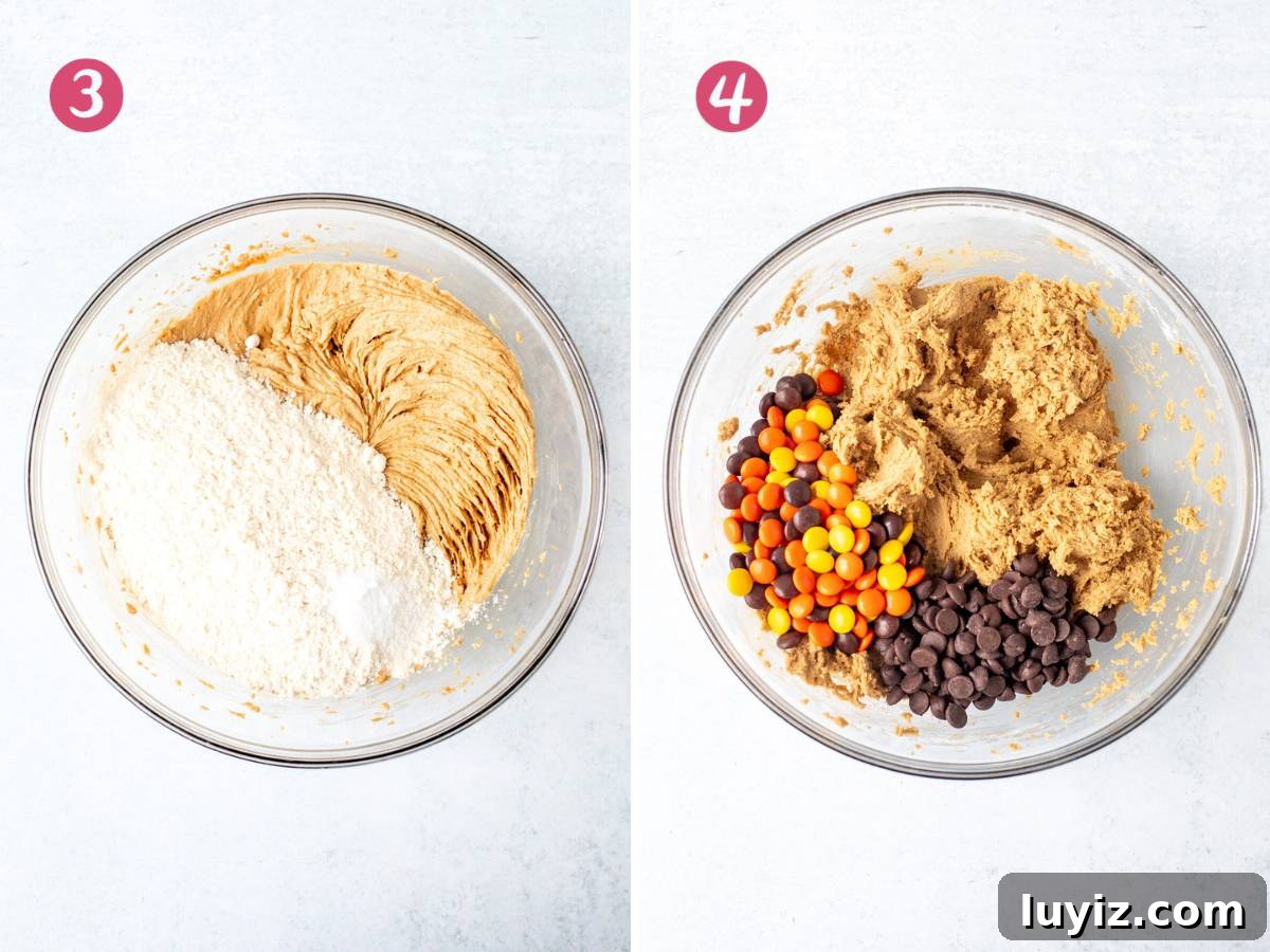 Reese's Pieces Peanut Butter Cookies — Ultimate Recipe Guide 4 Bowl of peanut butter cookie dough with dry ingredients added , and bowl of peanut butter cookie dough with chocolate chips and Reese's Pieces.