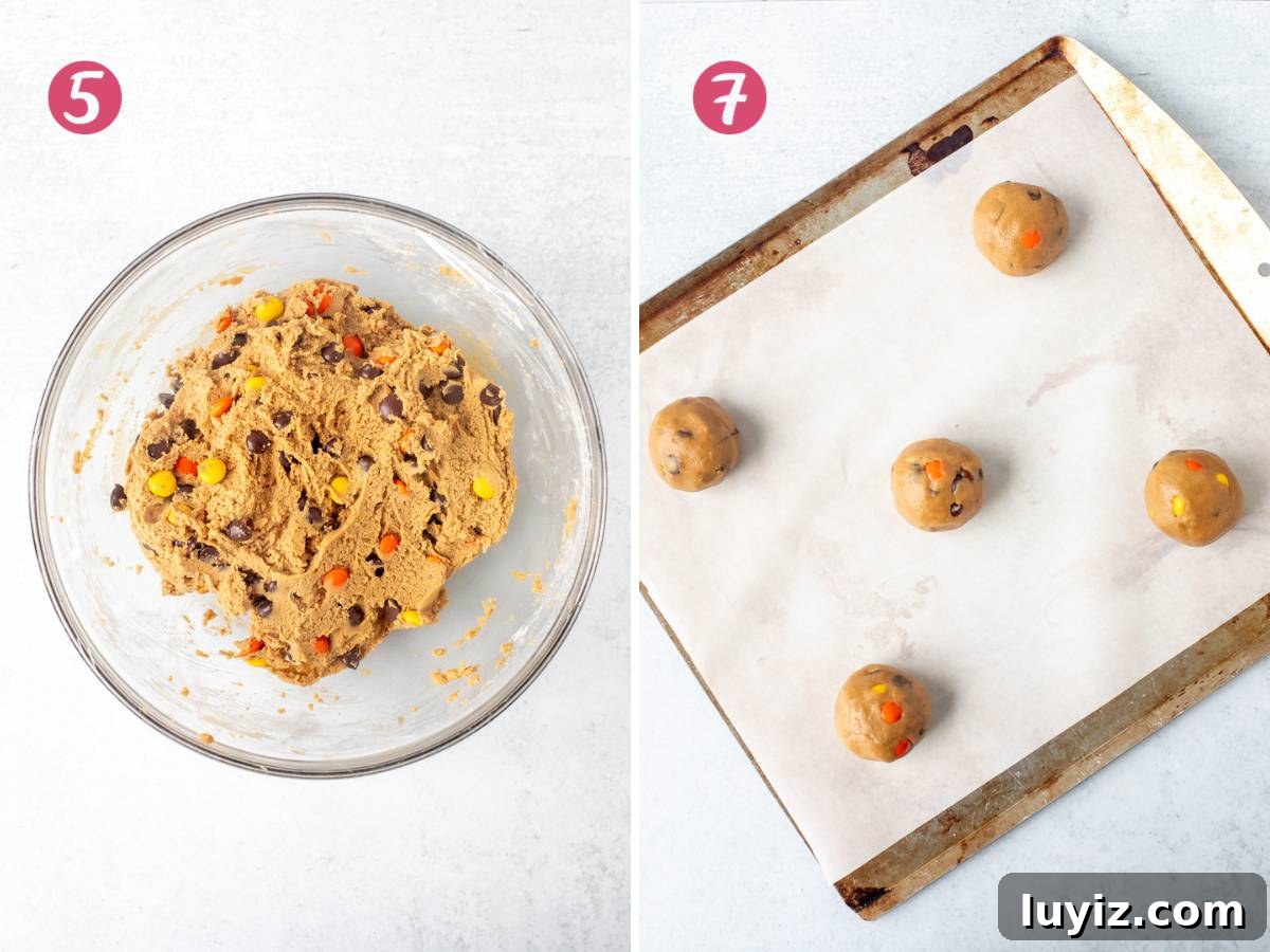 Reese's Pieces Peanut Butter Cookies — Ultimate Recipe Guide 5 Bowl of Reese's pieces cookie dough covered n plastic, and cookie dough balls on lined cookie tray